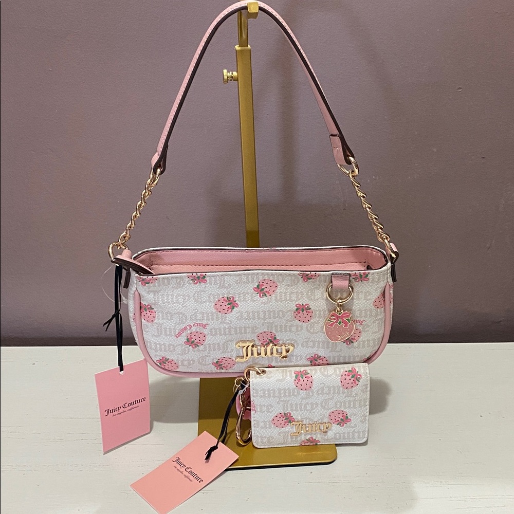 Juicy Couture Berry Sweet Strawberry Print Shoulder Bag and Wallet - Pink